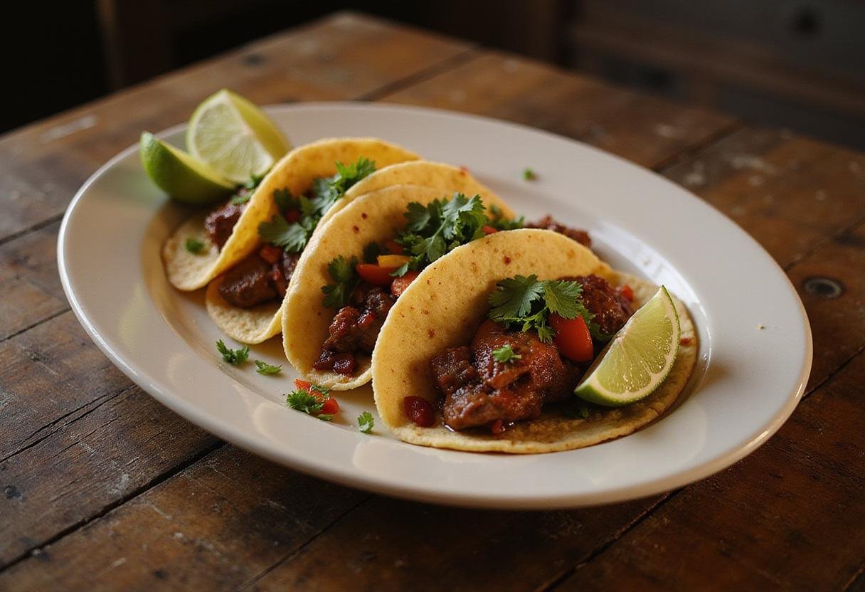 Deliciously plated savory spiced venison tacos with lime wedges, presenting an enticing final dish that's perfect for taco lovers.