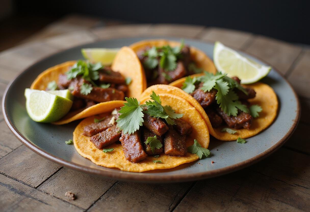 Deliciously plated savory spiced venison tacos with lime wedges, presenting an enticing final dish that's perfect for taco lovers.