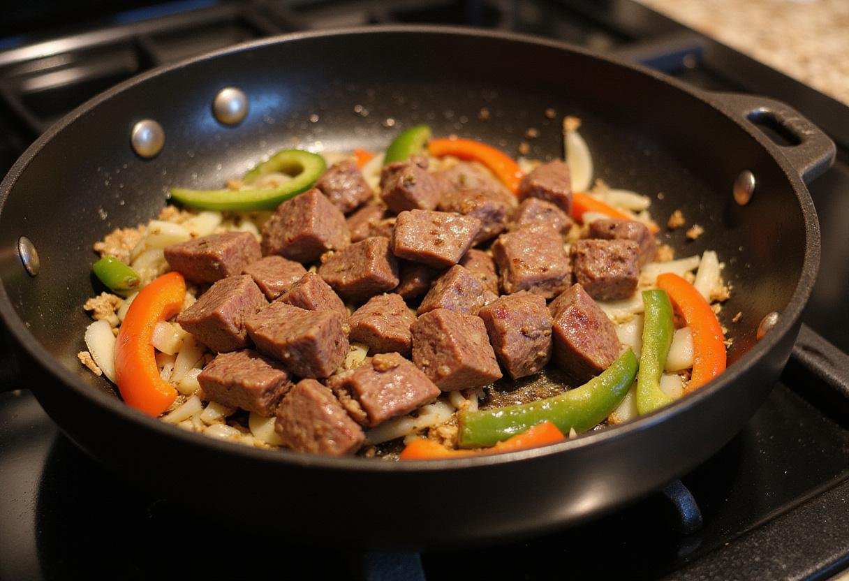 Sizzling venison with onions and bell peppers in a skillet, capturing the cooking process of savory spiced venison tacos.