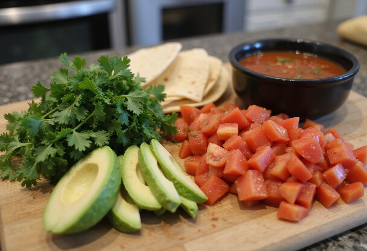 Colorful assortment of taco toppings like cilantro, avocados, and salsa ready for savory spiced venison tacos, depicting a lively taco night setup.