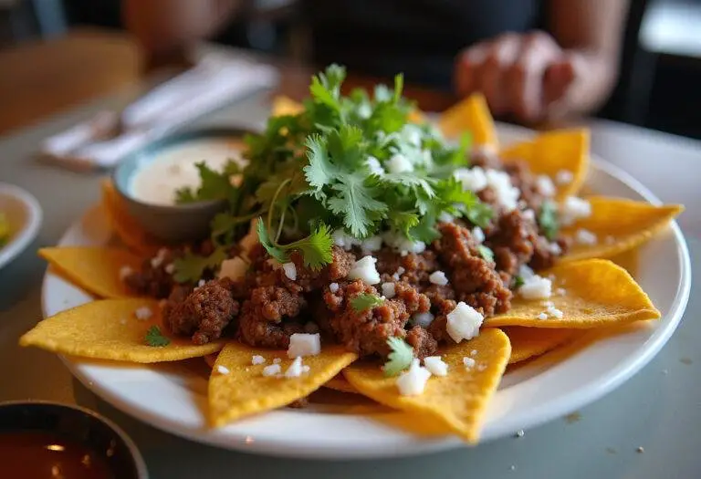 Served savory spicy birria nachos, a mouthwatering combination of flavors topped with fresh ingredients.