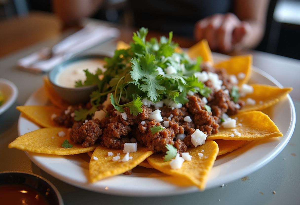Served savory spicy birria nachos, a mouthwatering combination of flavors topped with fresh ingredients.
