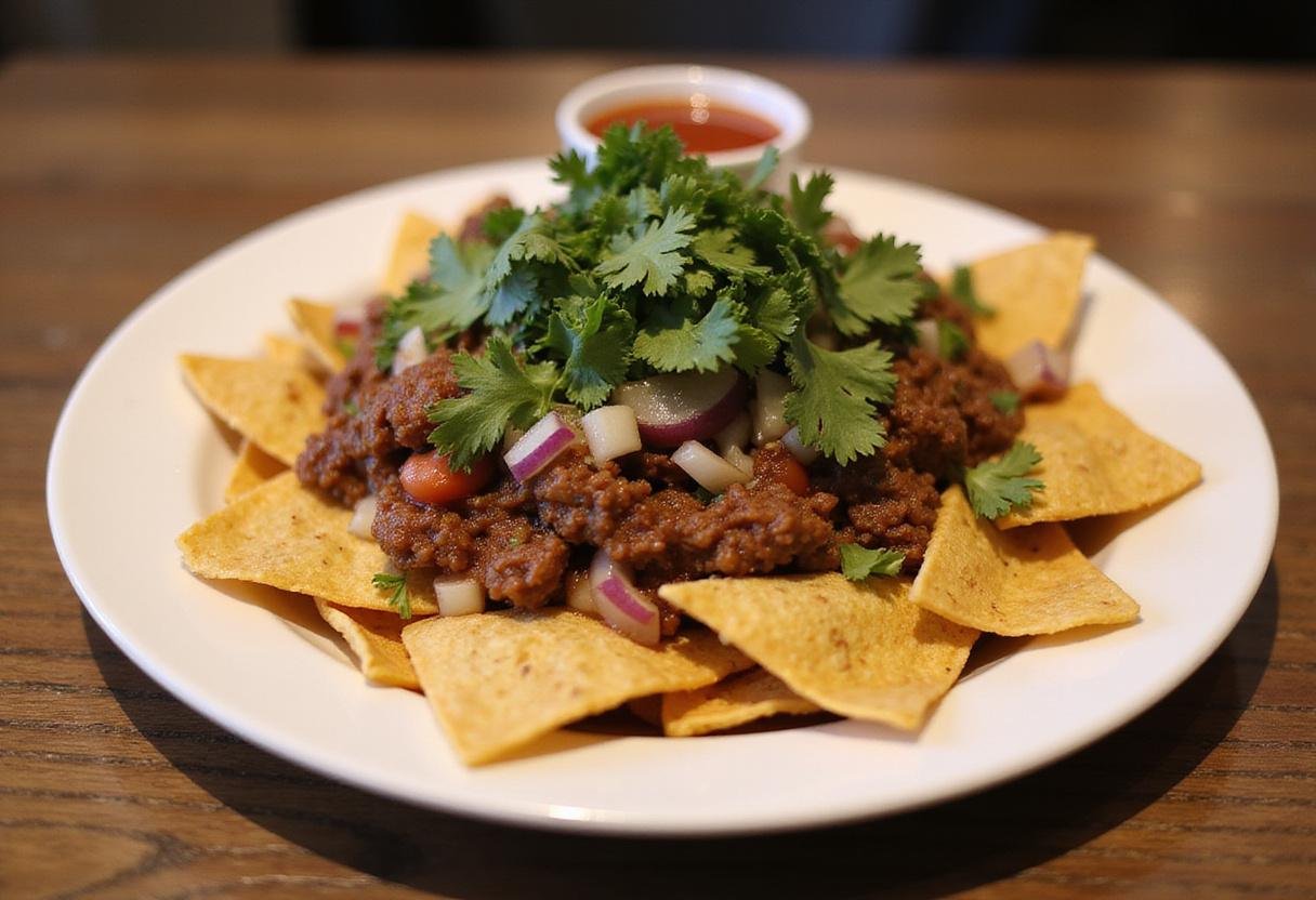Served savory spicy birria nachos, a mouthwatering combination of flavors topped with fresh ingredients.