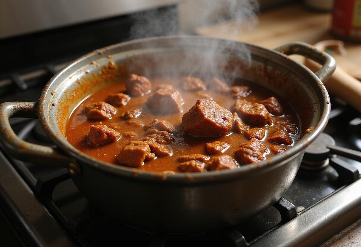 Cooking savory and spicy birria, preparing the rich sauce for delicious birria nachos.