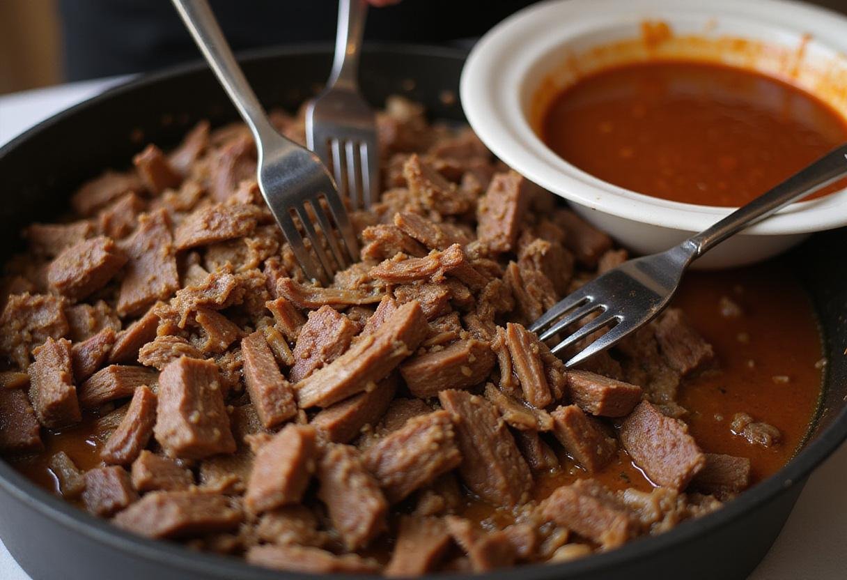 Shredding tender birria meat, perfect for adding to nachos, showcasing the delicious texture.