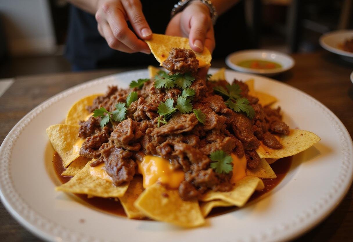 Layering savory birria meat on nachos, creating a visual feast of flavors with rich toppings.