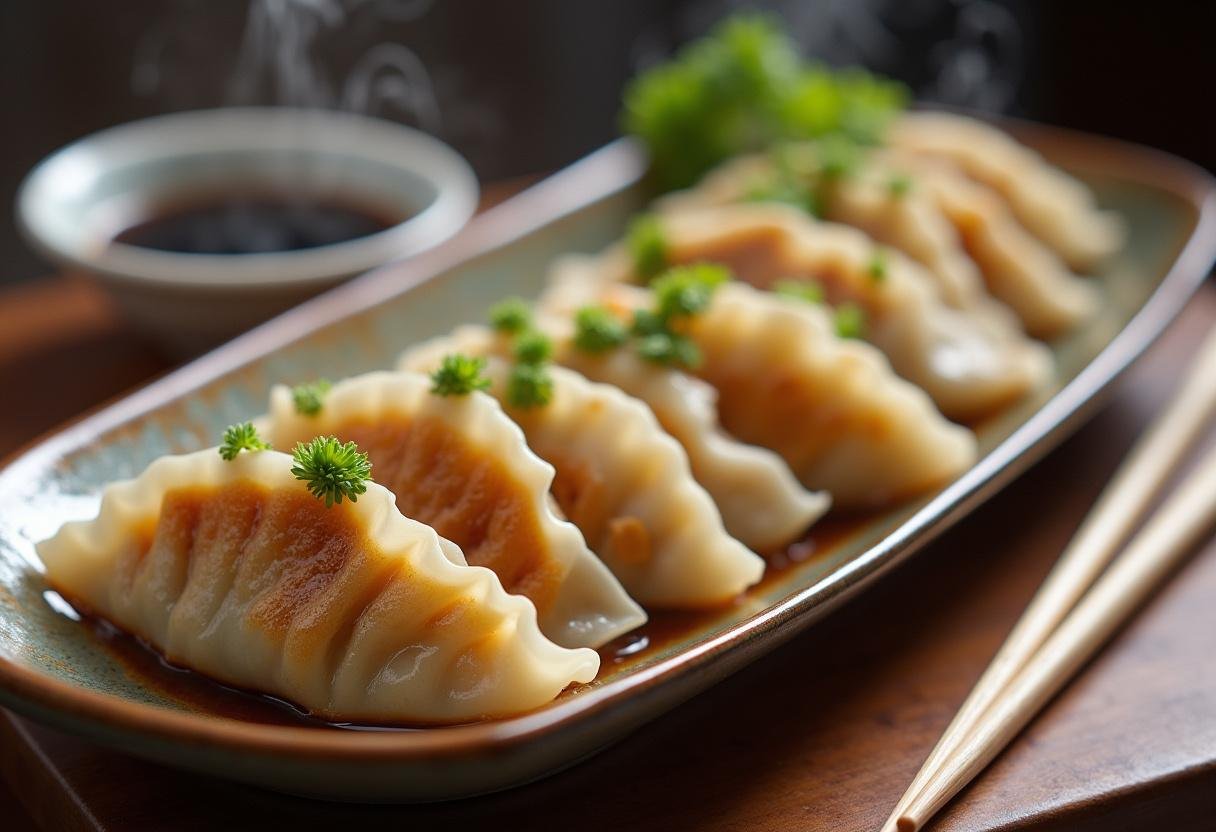 Deliciously presented savory steamed Japanese dumplings, showcasing a traditional gyoza recipe ready to enjoy.