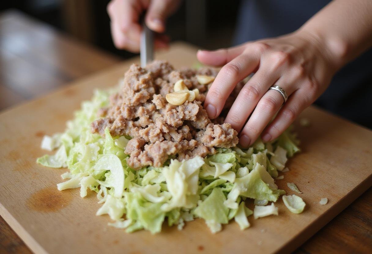 Preparing gyoza filling with chopped cabbage, minced pork, and garlic for a savory steamed Japanese dumplings recipe.