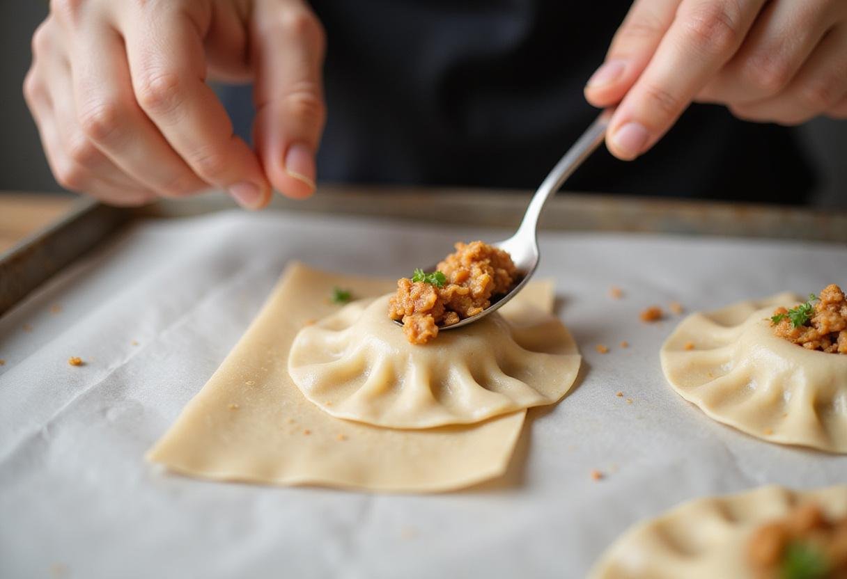 Assembling gyoza dumplings by placing filling on wrappers for an authentic gyoza recipe.