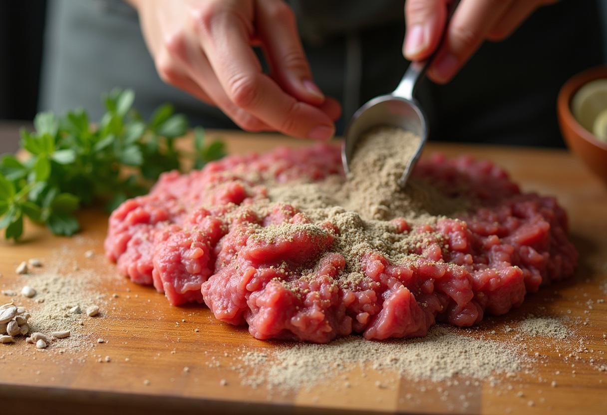 Ground venison being seasoned for a delicious venison burger recipe loaded with flavor.