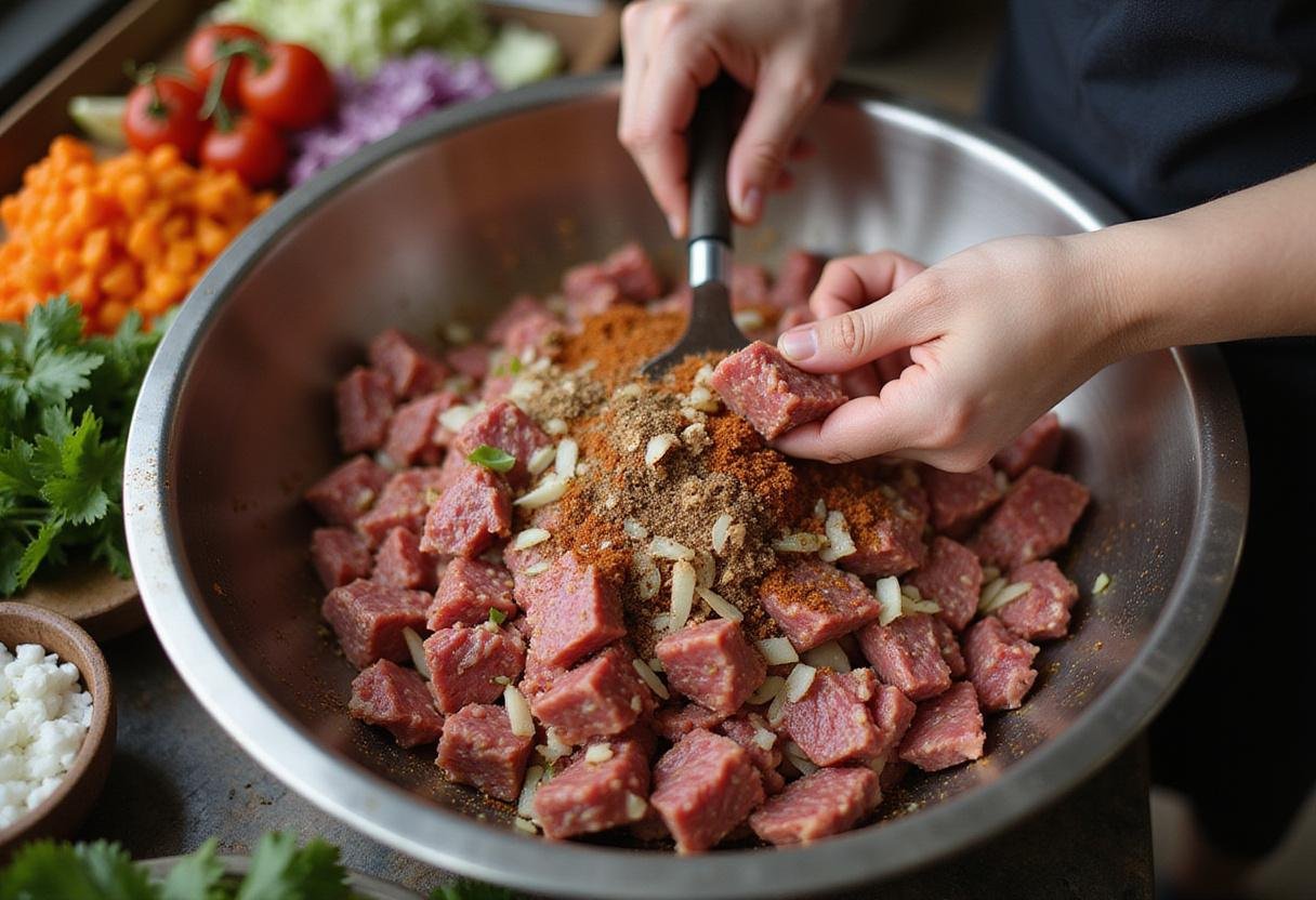 Mixing ground venison with spices and onions for a savory venison burger recipe that tantalizes the taste buds.