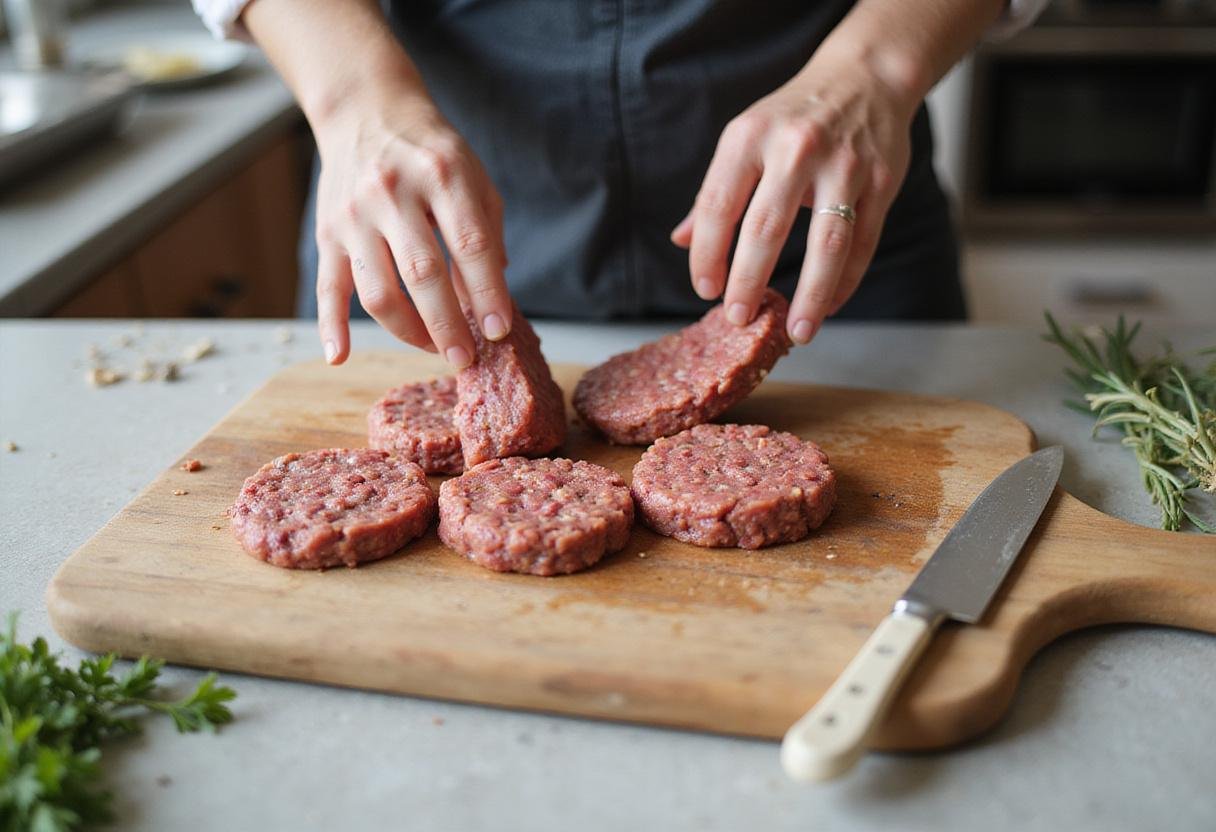 Shaping raw venison patties for a mouthwatering venison burger recipe, ready to grill to perfection.
