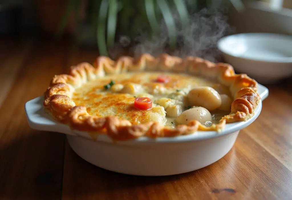 Deliciously golden seafood pot pie displayed, showcasing a flaky crust and savory seafood filling, perfect for a comforting meal.
