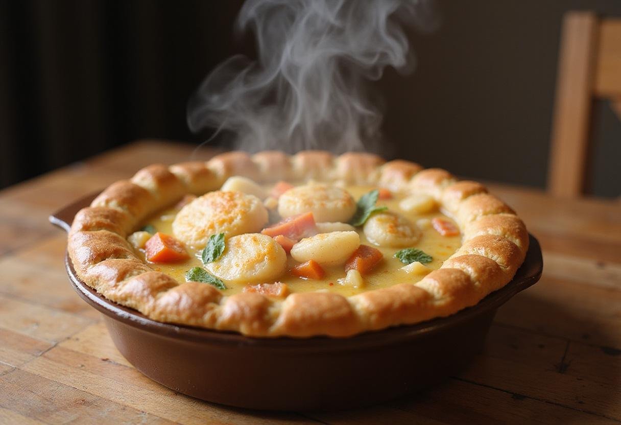 Deliciously golden seafood pot pie displayed, showcasing a flaky crust and savory seafood filling, perfect for a comforting meal.