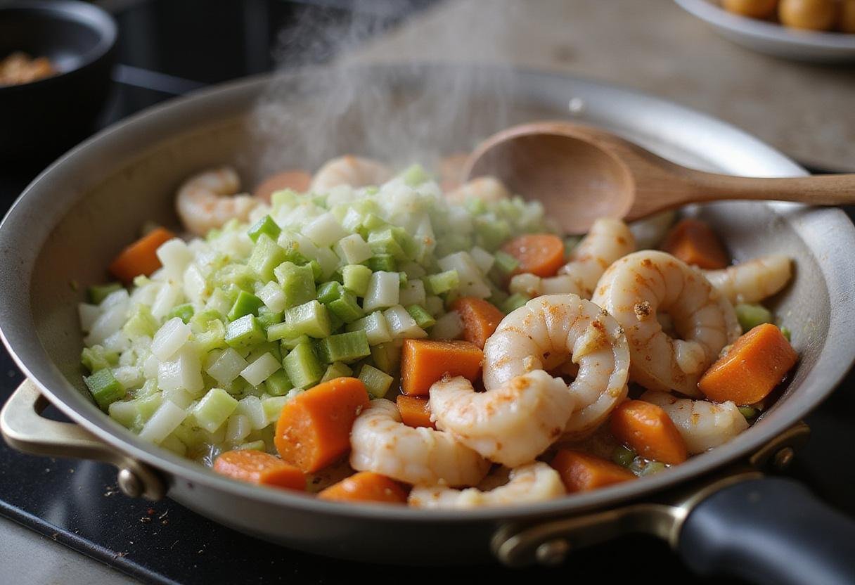 Chopped vegetables being sautéed for seafood pot pie, creating a rich and flavorful mixture in a pot on the stove.