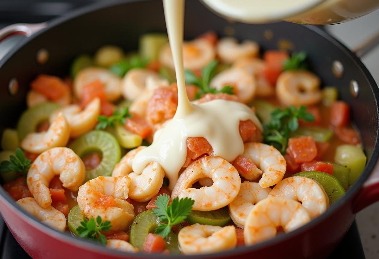 Creamy seafood filling being prepared for seafood pot pie with vibrant vegetables and succulent seafood being combined.