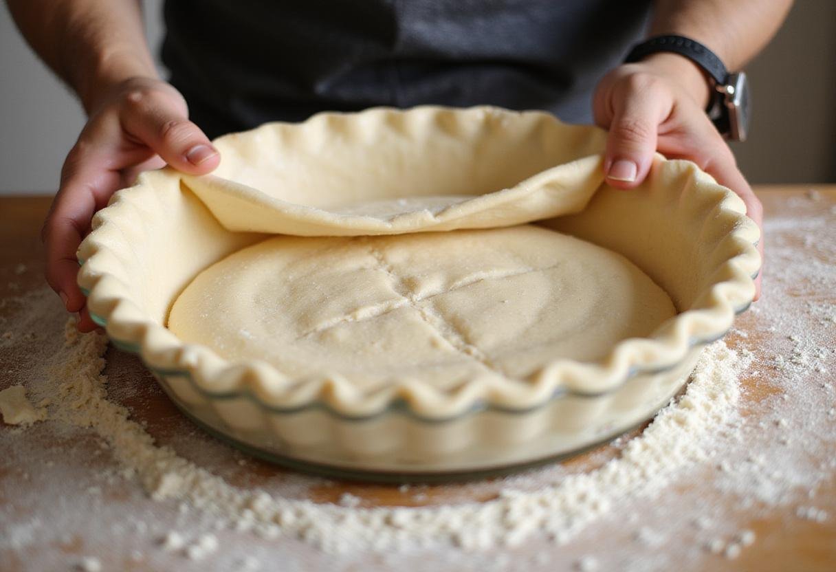Pie crust being prepared for seafood pot pie, ready to be placed over the delicious seafood filling for baking.