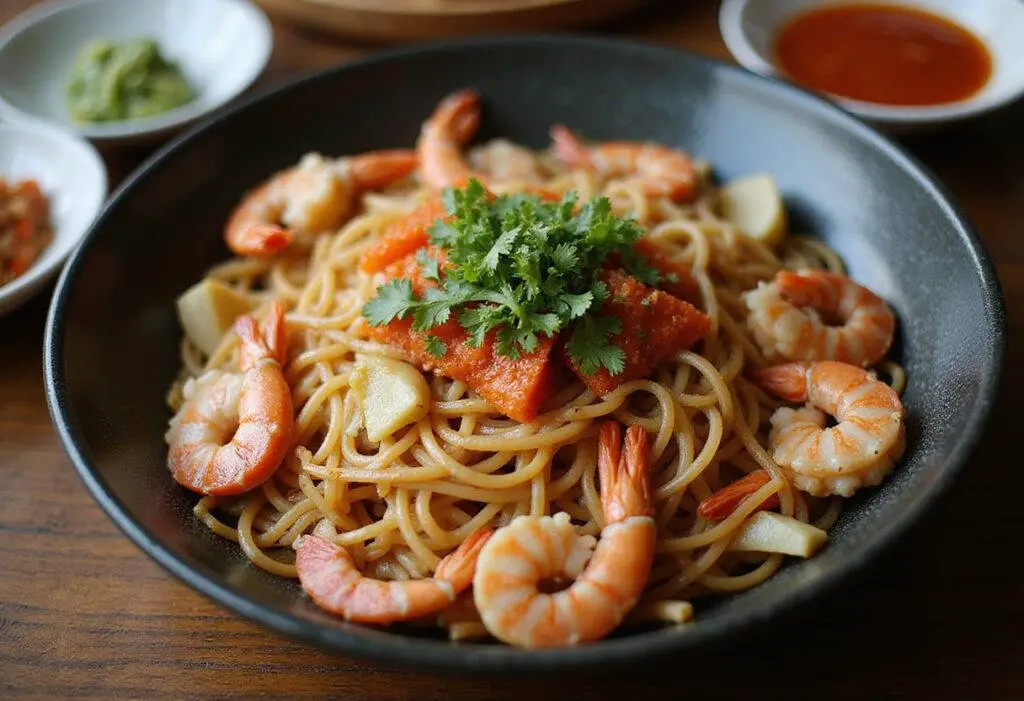 Beautifully presented seafood udon noodle dish displayed in an elegant setting, highlighting vibrant ingredients.
