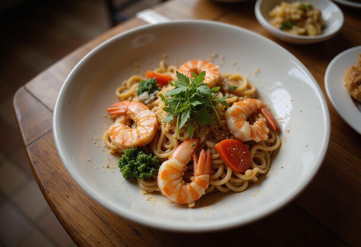 Beautifully presented seafood udon noodle dish displayed in an elegant setting, highlighting vibrant ingredients.