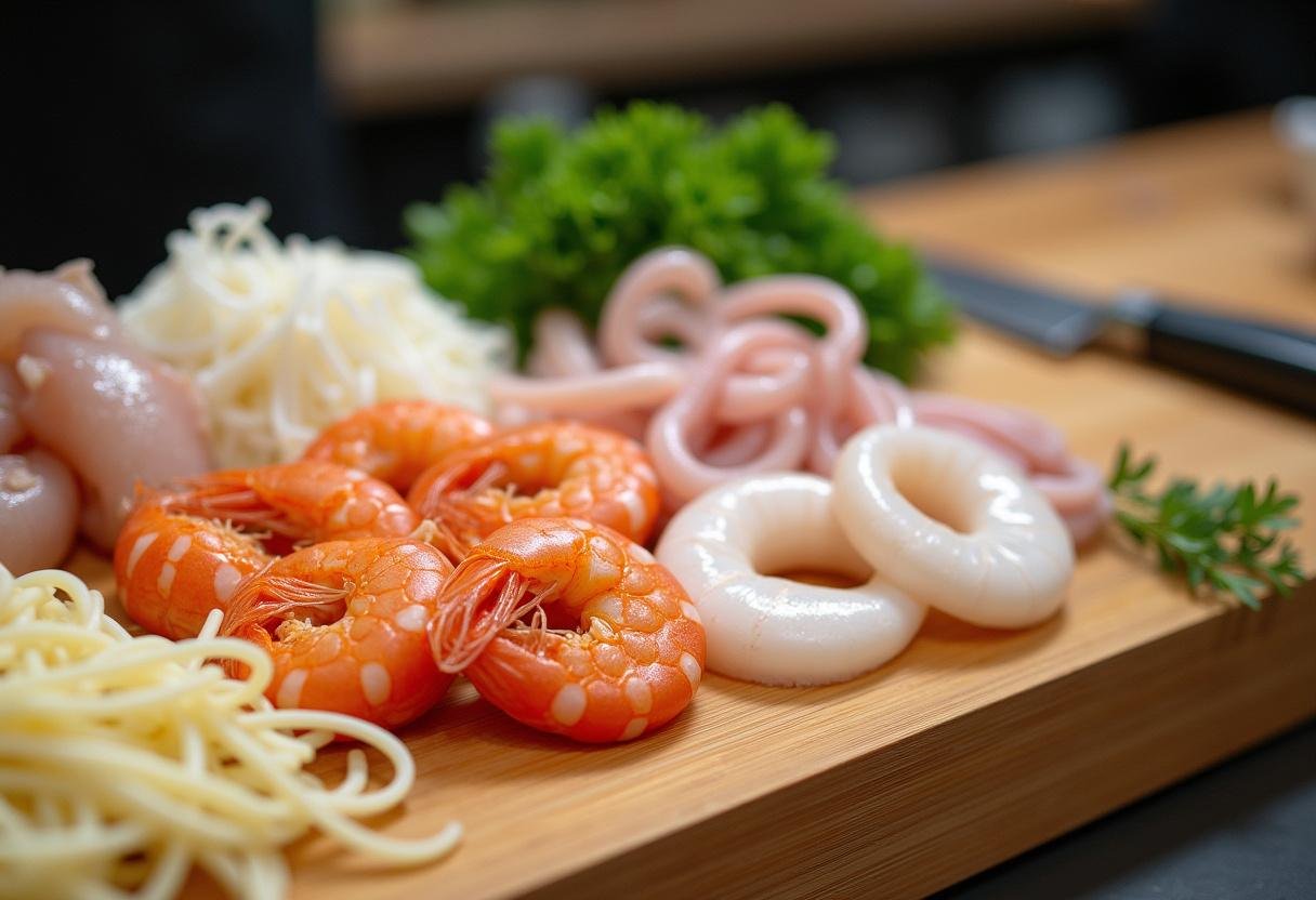 Fresh seafood ingredients including shrimp, squid, and scallops for seafood udon preparation on a wooden countertop.