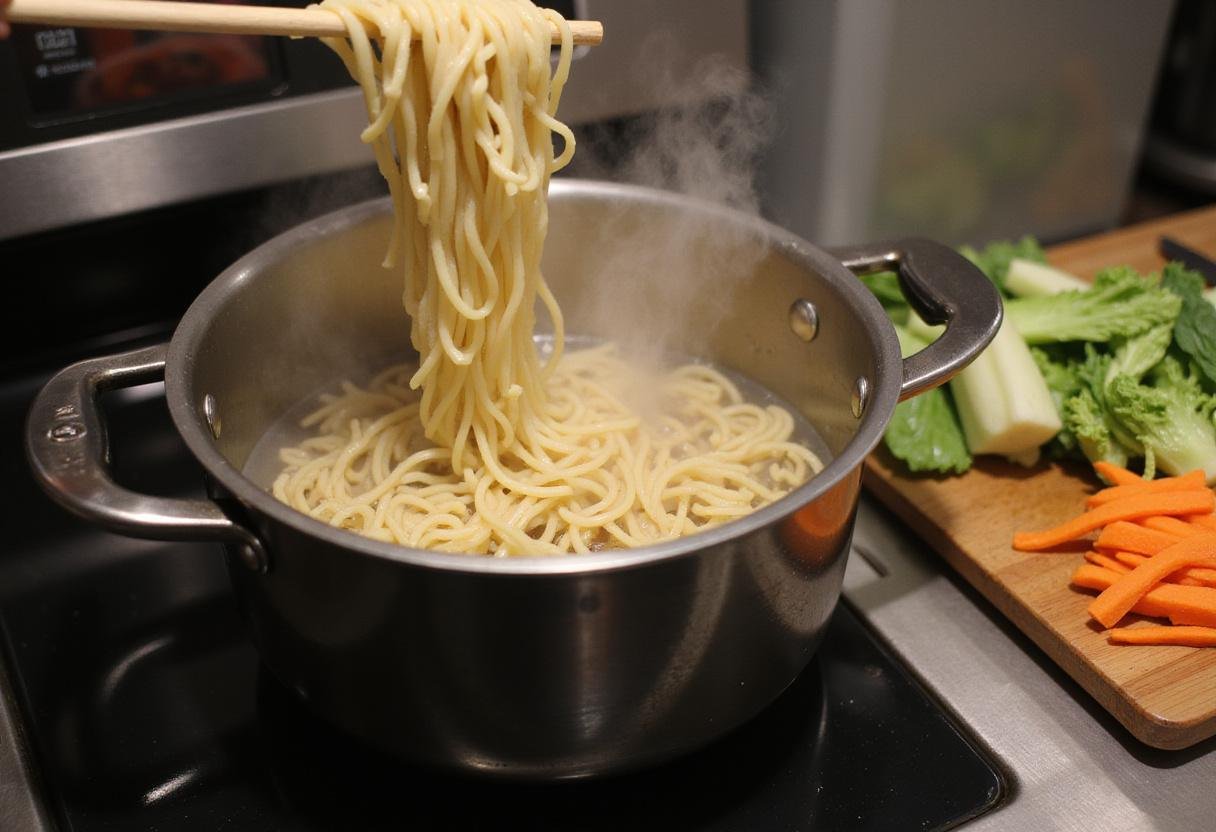 Udon noodles being cooked in boiling water with fresh vegetables prepared for seafood udon dish.