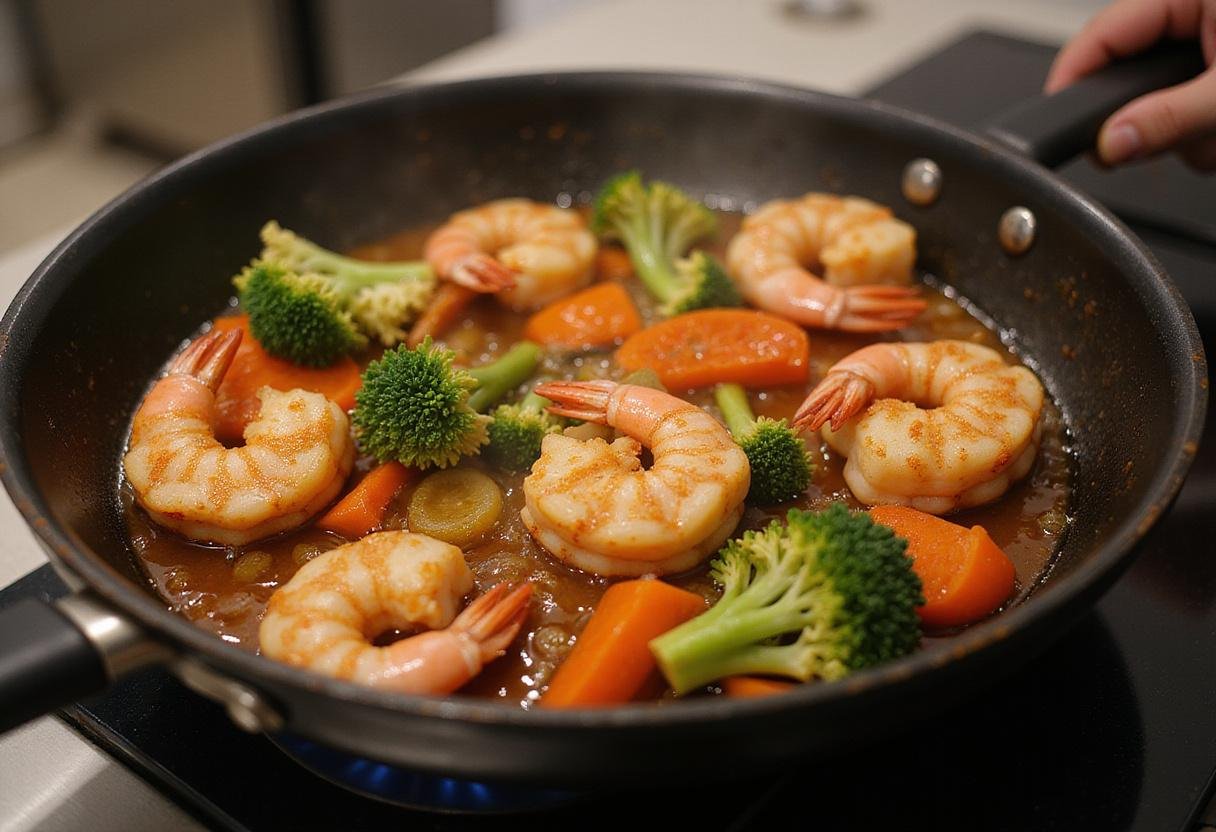 Seafood being stir-fried in a skillet for a flavorful seafood udon noodle dish.