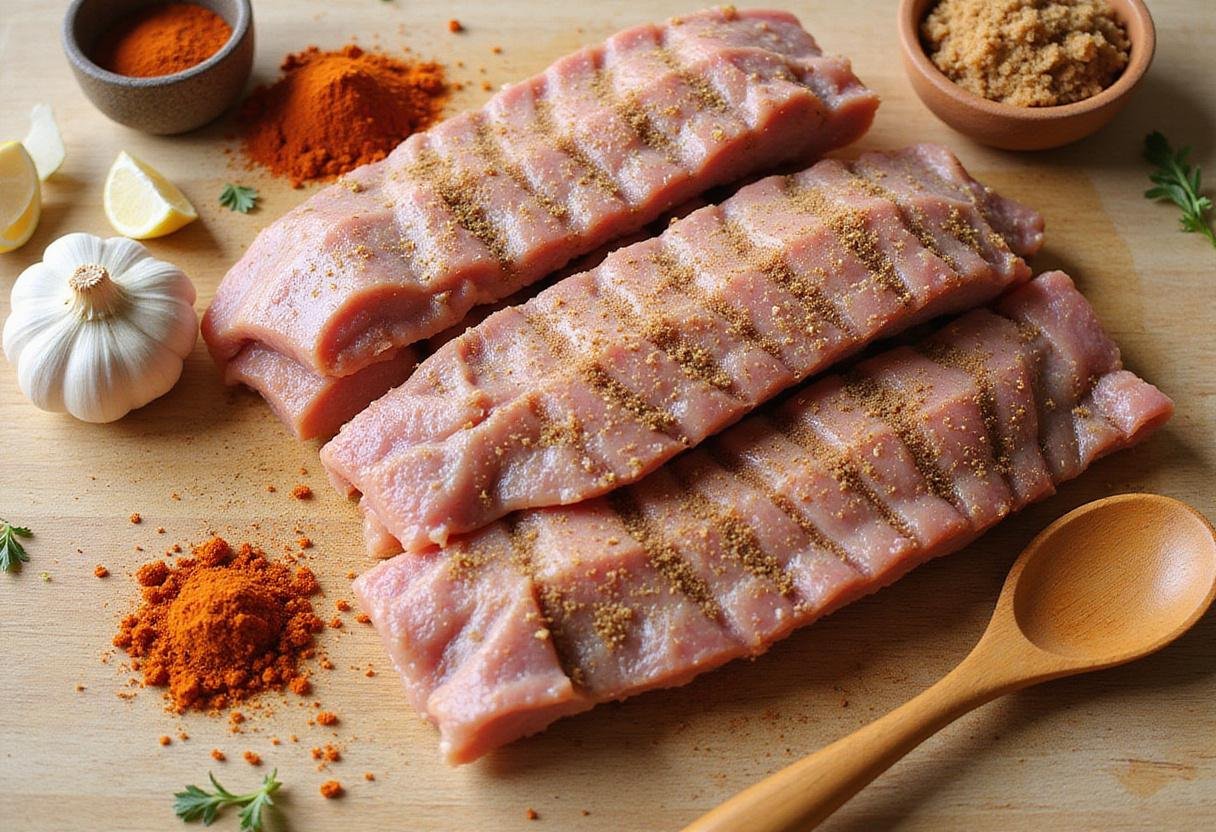 Seasoned turkey ribs and spices ready for Smoked Turkey Rib Feast preparation