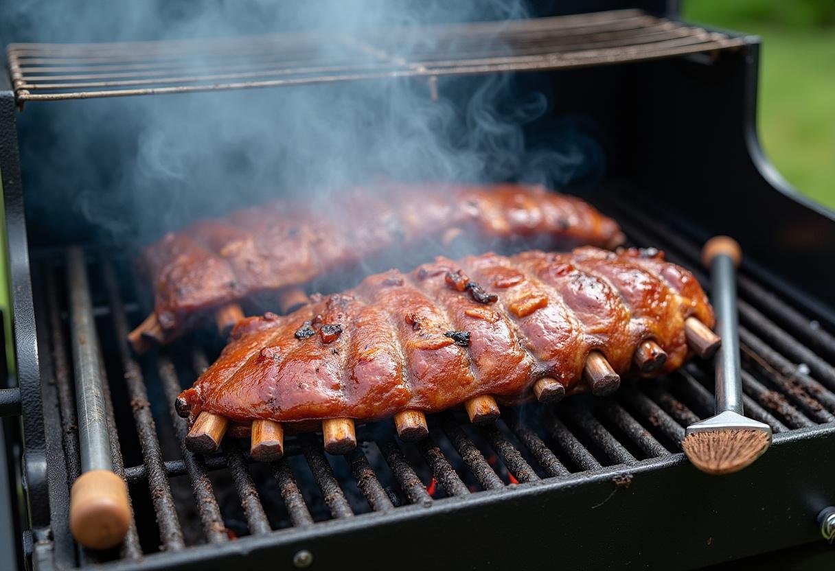 Grilling turkey ribs on an outdoor grill, creating the perfect Smoked Turkey Rib Feast.