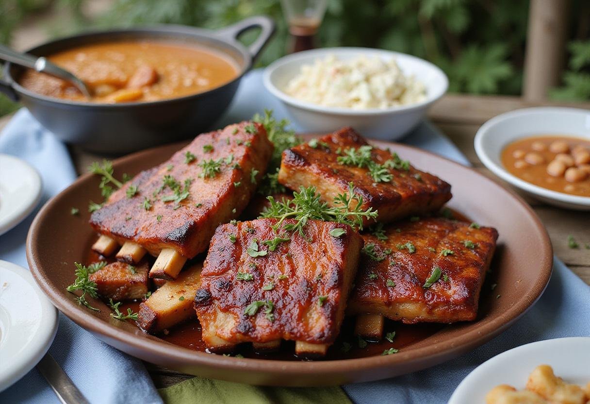 Deliciously smoked turkey ribs served at a festive outdoor feast with sides included.