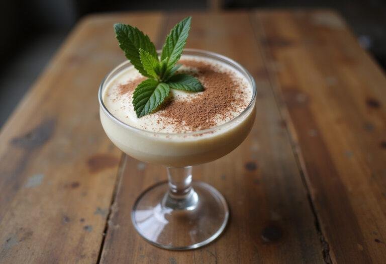 Enjoy a delectable serving of smooth rum cream indulgence, perfectly garnished for a delightful dessert experience.