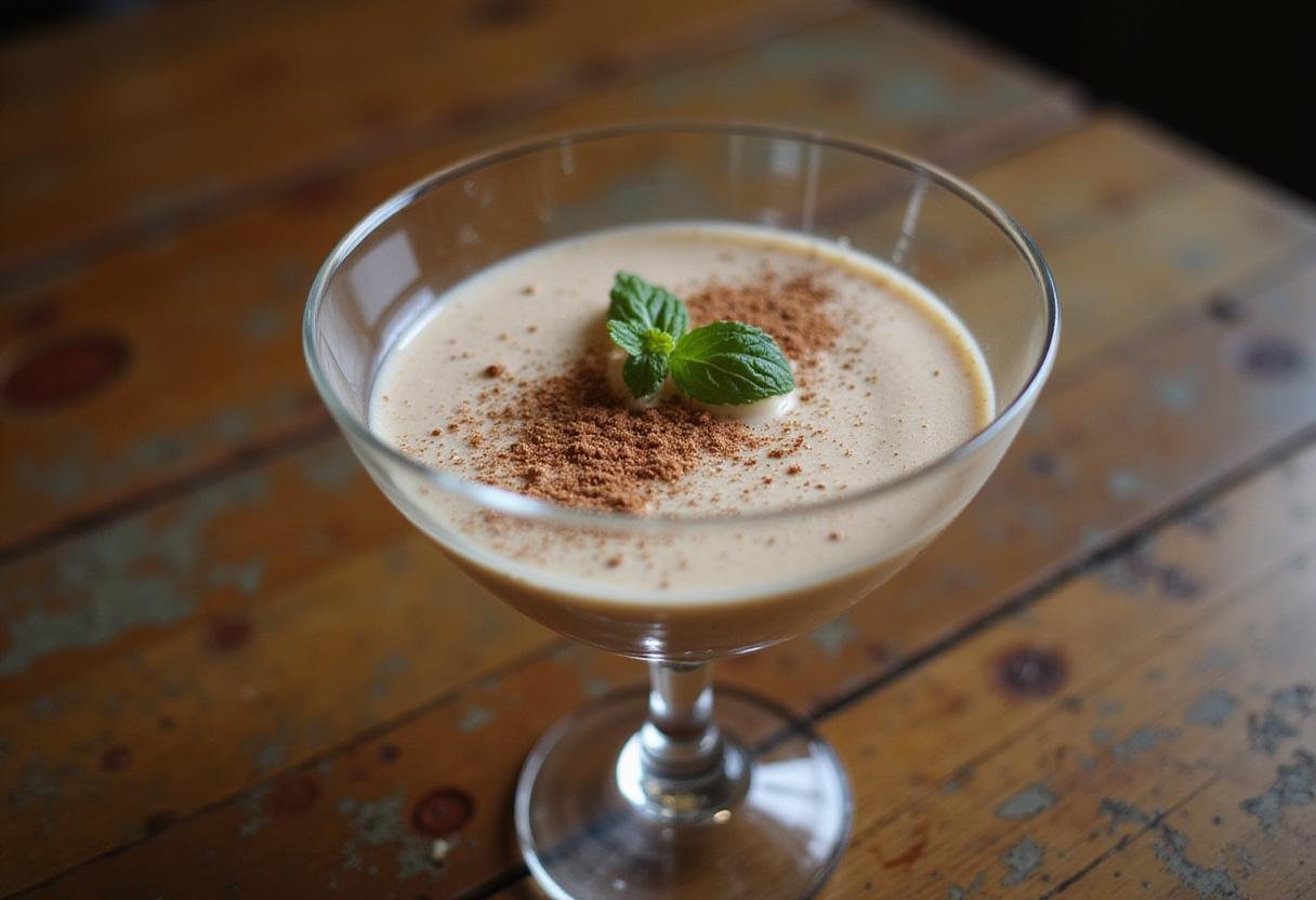 Enjoy a delectable serving of smooth rum cream indulgence, perfectly garnished for a delightful dessert experience.