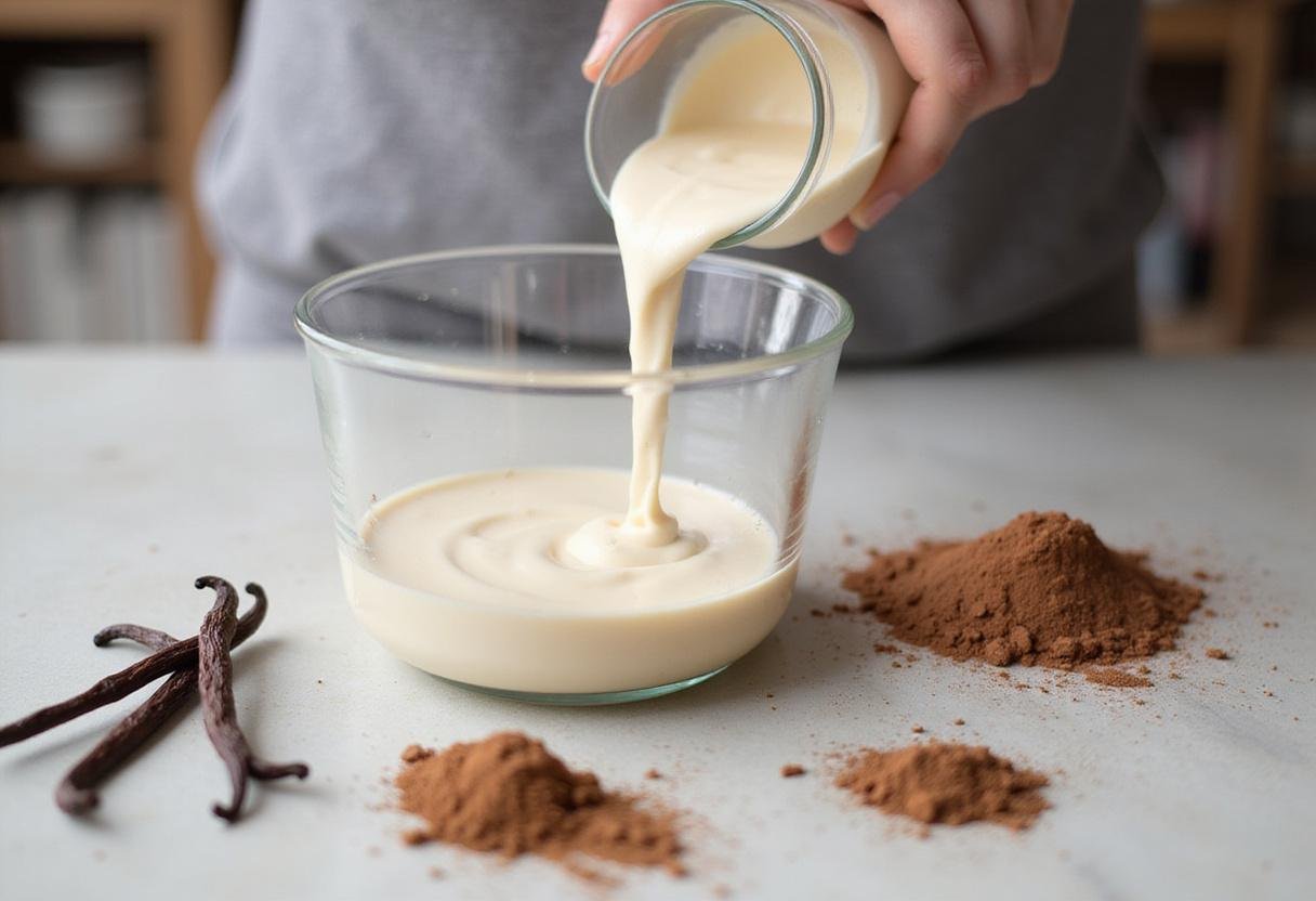 Pour the creamy mixture into a bowl to create a rich and indulgent smooth rum cream dessert.