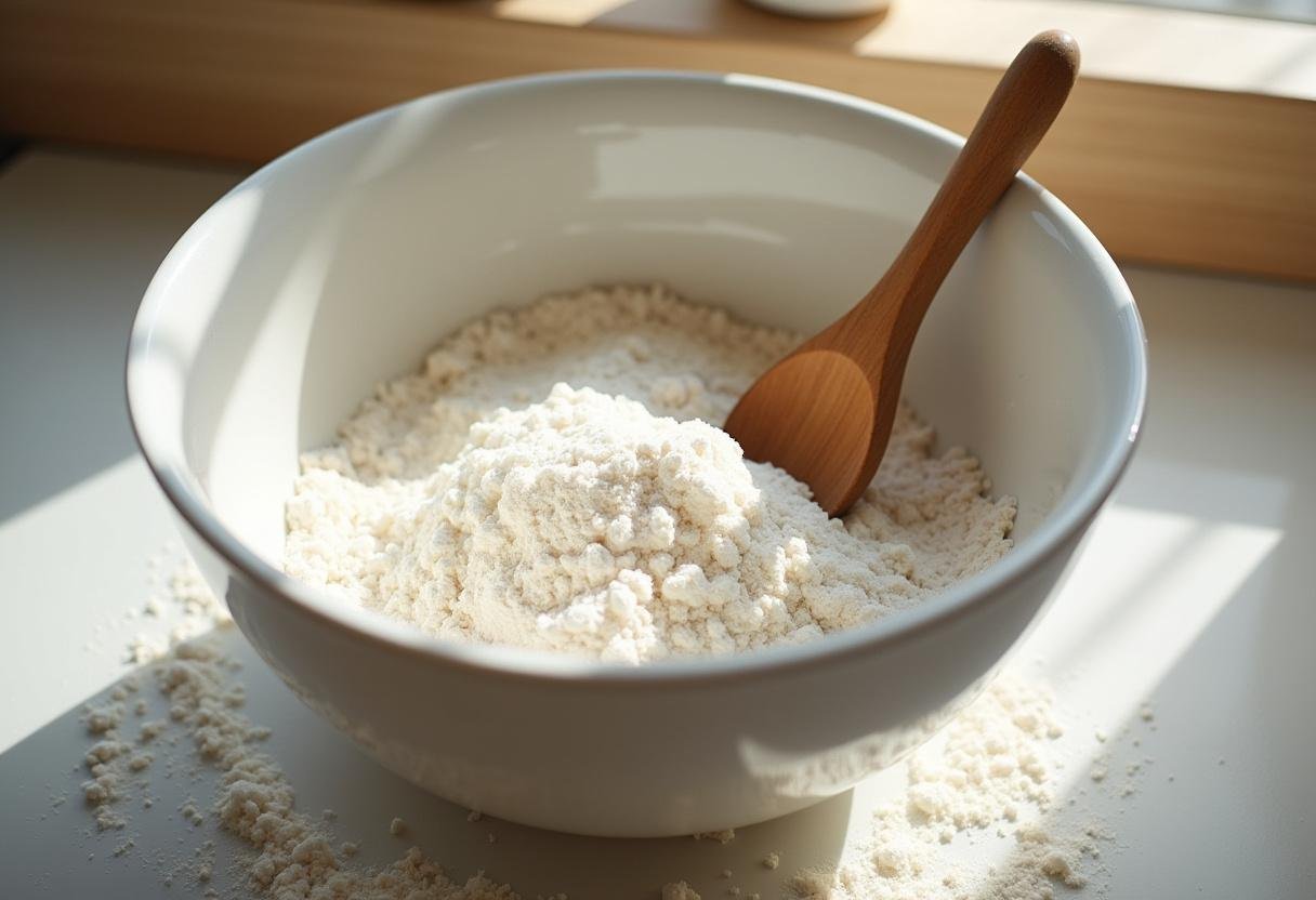 Baking ingredients for soft pastries, flour, sugar, and salt in a mixing bowl highlight the creamy soft pastry perfection process.