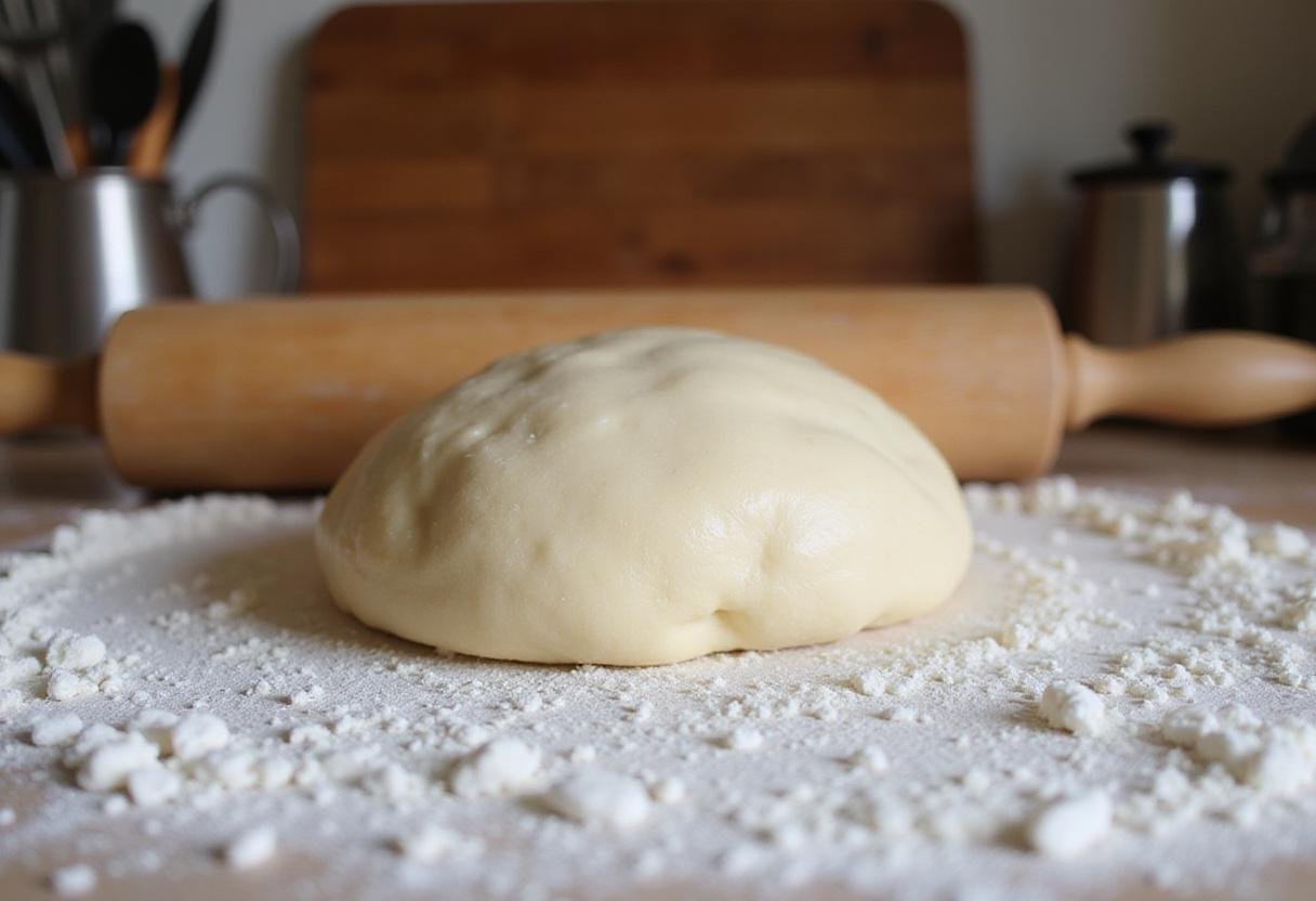Kneaded dough for soft pastries resting on a floured surface, showcasing the process of creating soft pastry perfection.
