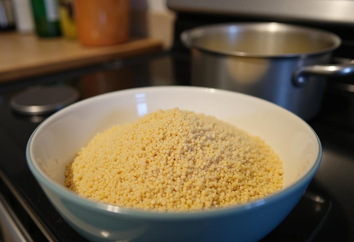 Rinsed quinoa in a bowl, preparing for Southwestern Quinoa & Corn Salad.