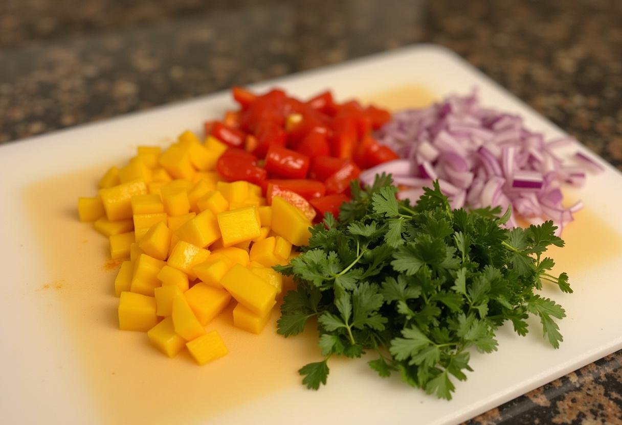 Chopped vegetables for Southwestern Quinoa & Corn Salad, including bell peppers, cilantro, and red onion.