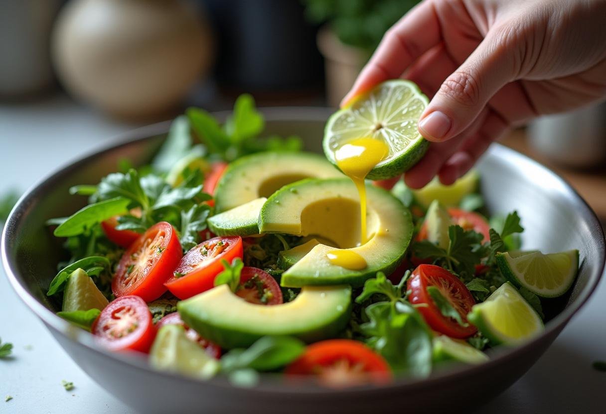 Tossing Southwestern Quinoa & Corn Salad with lime dressing and avocado slices.
