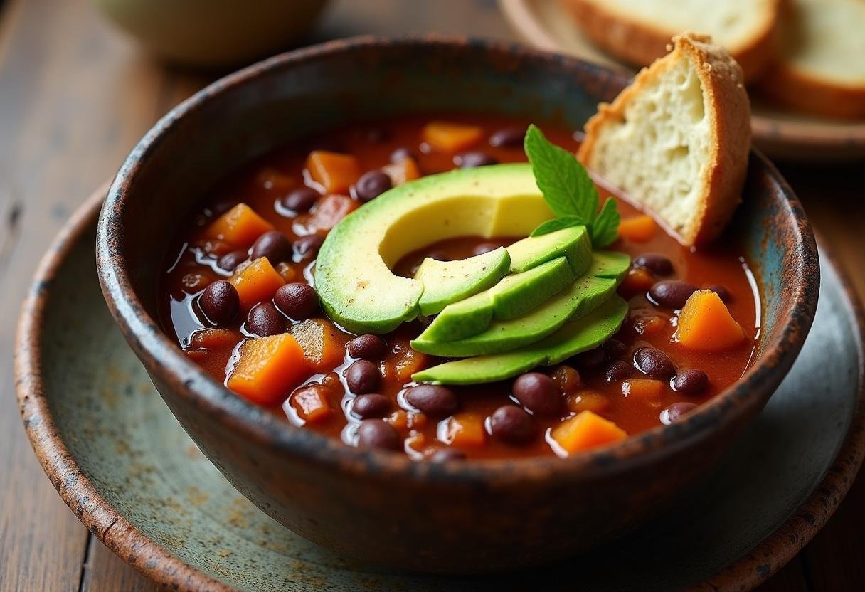Delicious bowl of Spiced Black Bean & Sweet Potato Chili garnished with avocado, perfect for a hearty meal.