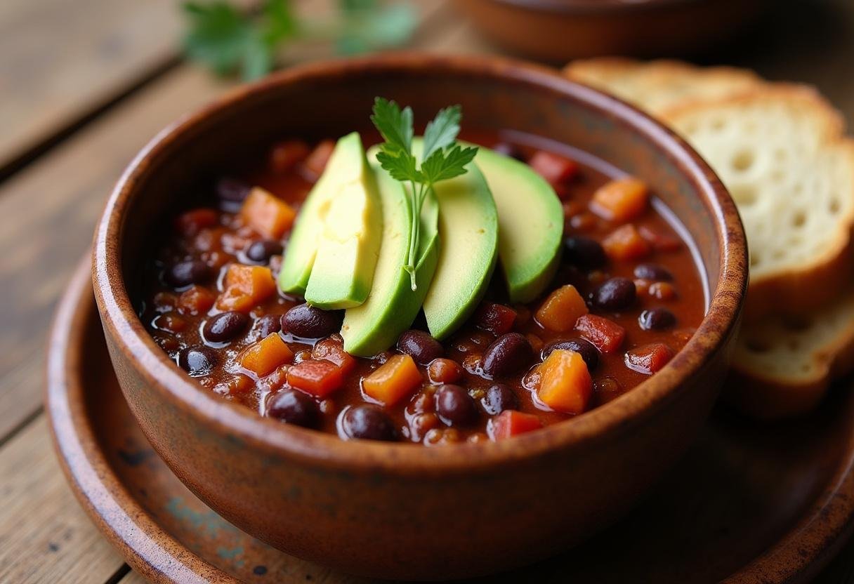 Delicious bowl of Spiced Black Bean & Sweet Potato Chili garnished with avocado, perfect for a hearty meal.