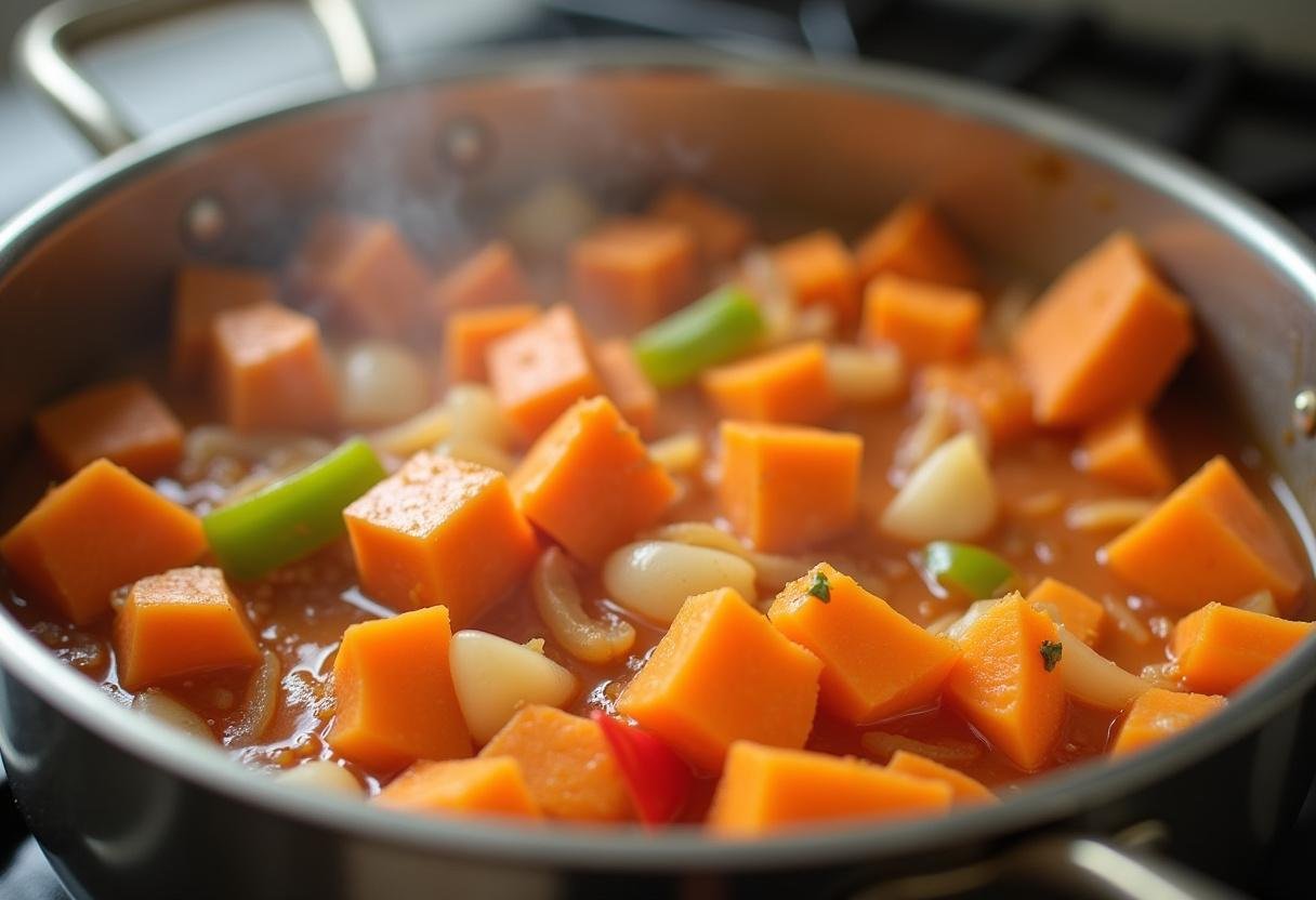 Cooking diced sweet potatoes, onions, and bell peppers for Spiced Black Bean & Sweet Potato Chili.