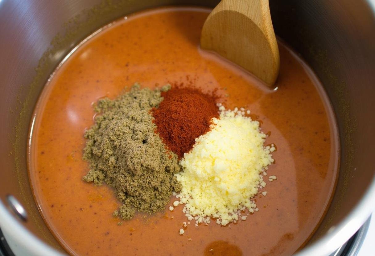 Adding spices and seasonings to the chili for a flavorful Spiced Black Bean & Sweet Potato Chili.