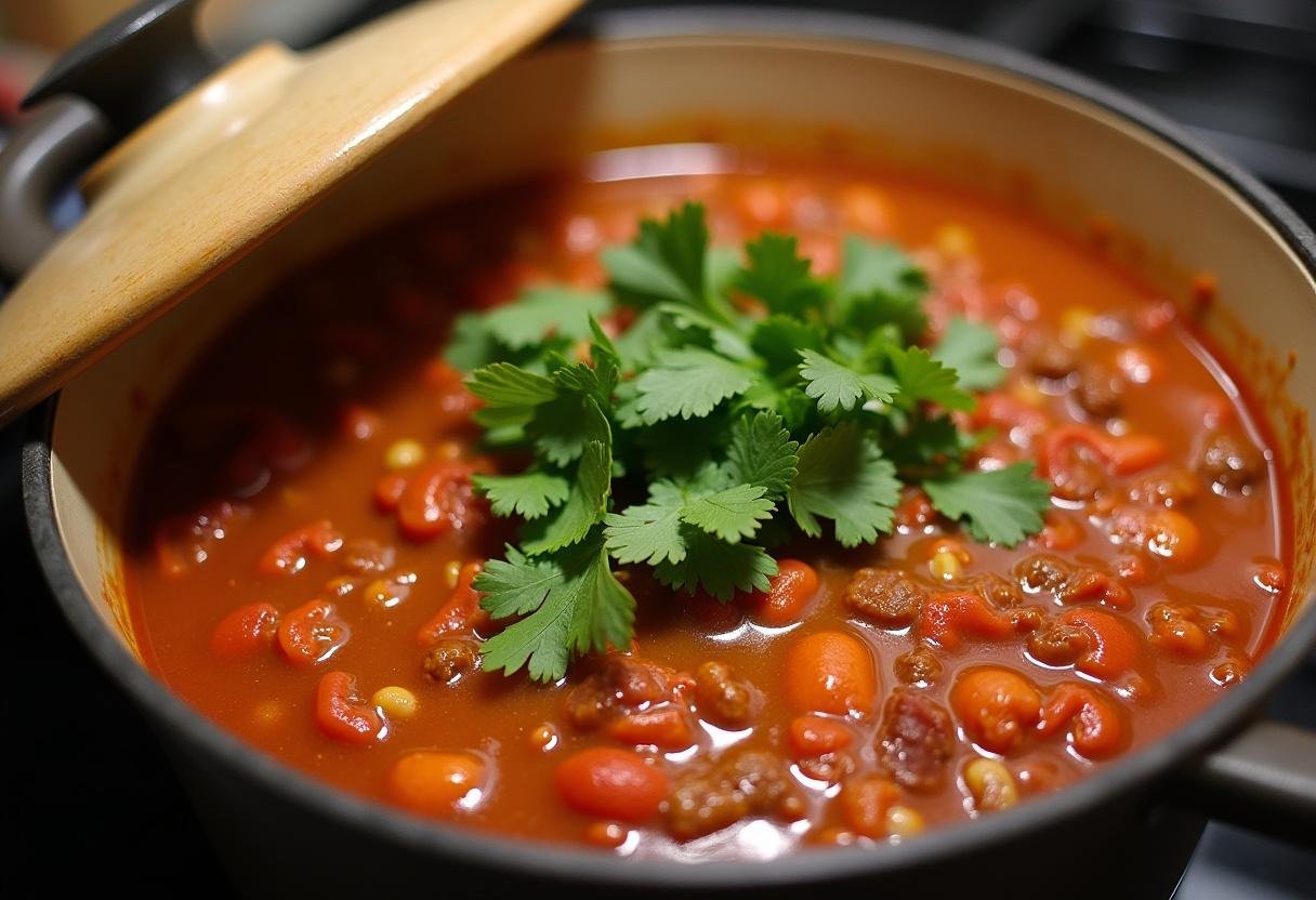 Simmering pot of Spiced Black Bean & Sweet Potato Chili ready to be served.