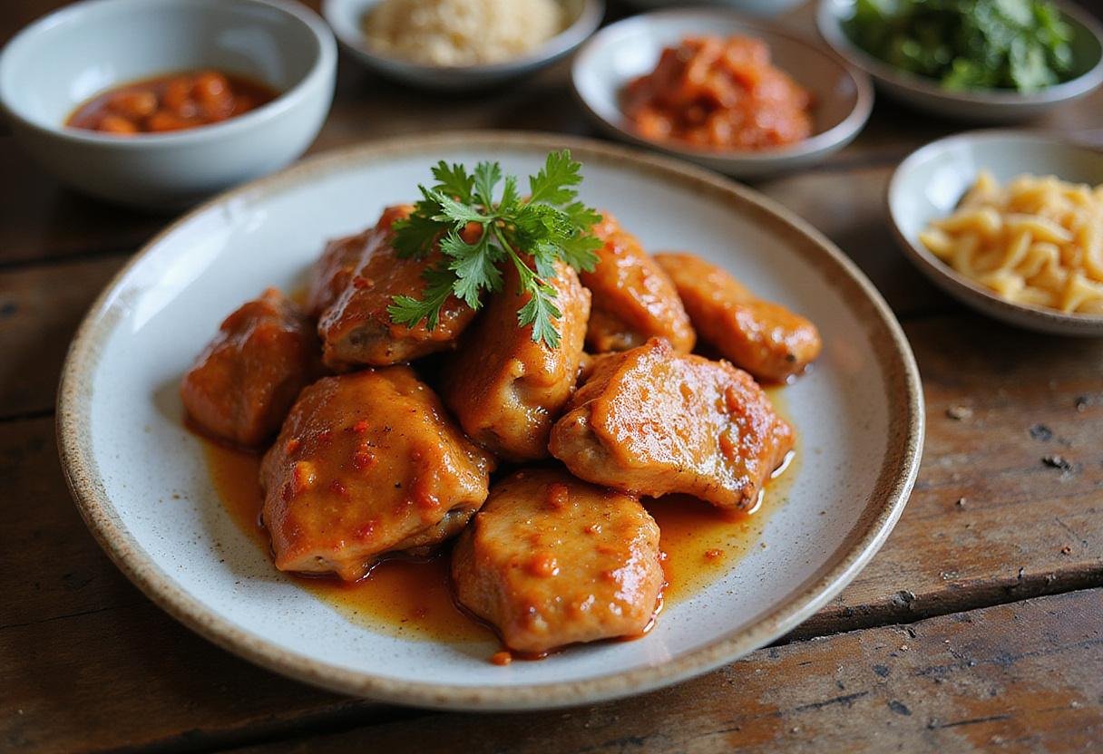 Plated gochujang chicken thighs served with colorful side dishes on a wooden table.