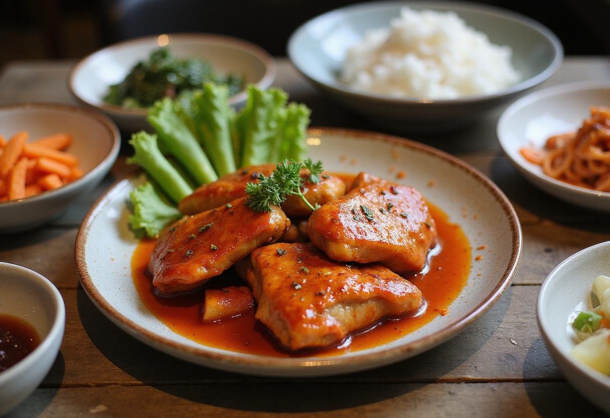Plated gochujang chicken thighs served with colorful side dishes on a wooden table.