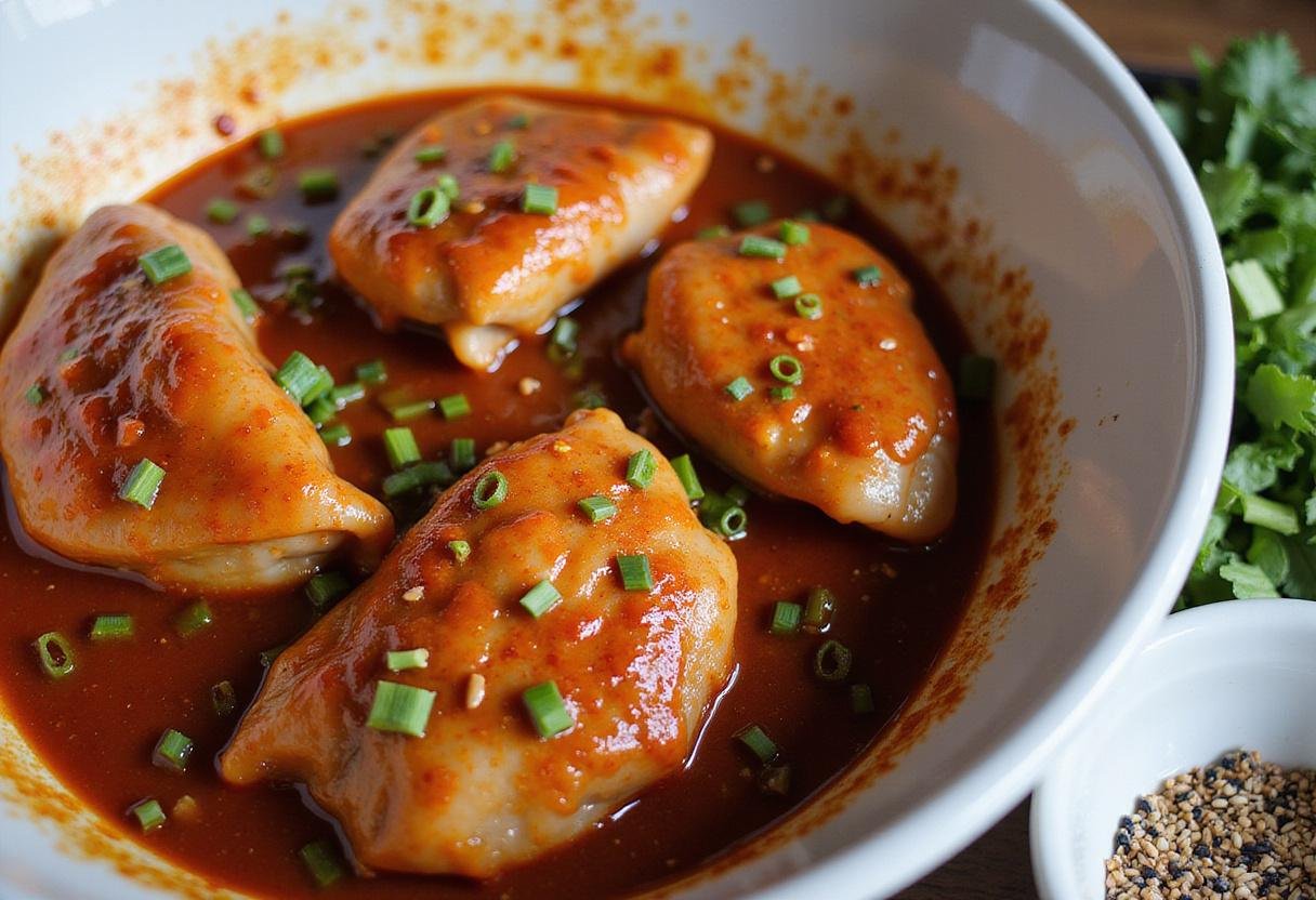 Marinated gochujang chicken thighs in a bowl with garlic, ginger, and soy sauce ingredients.