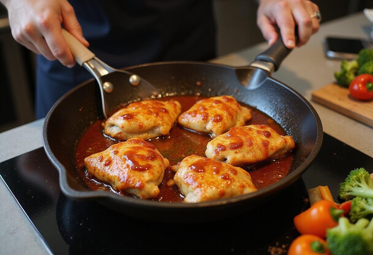 Chef searing gochujang chicken thighs in a cast-iron skillet with vegetables in the background.