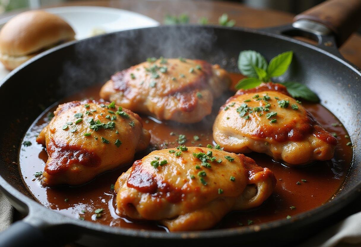Gochujang chicken thighs being flipped in a skillet with sizzling sauce and steam.