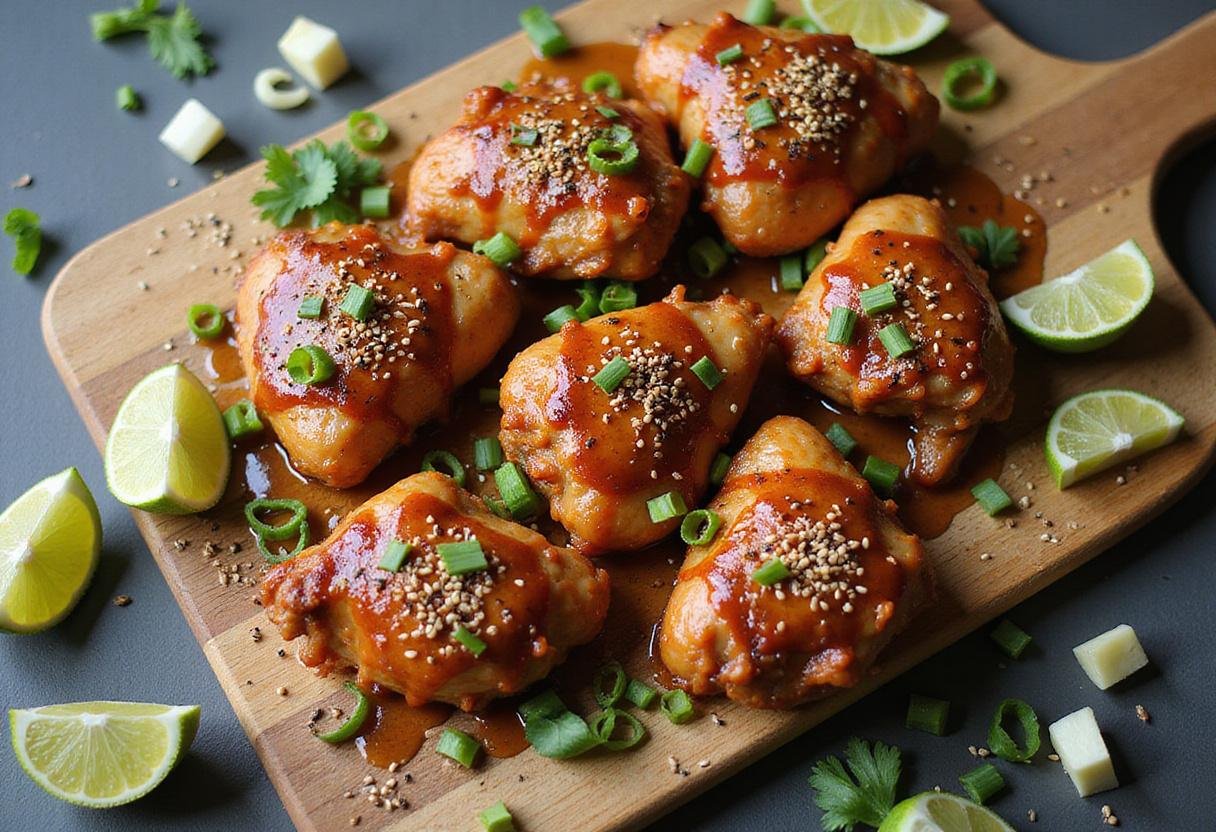 Finished spicy gochujang chicken thighs garnished with sesame seeds and green onions on a cutting board.