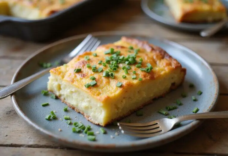 Deliciously served Starbucks potato chive bake slice on a rustic plate, highlighting the creamy texture and chive flavor for a mouth-watering presentation.