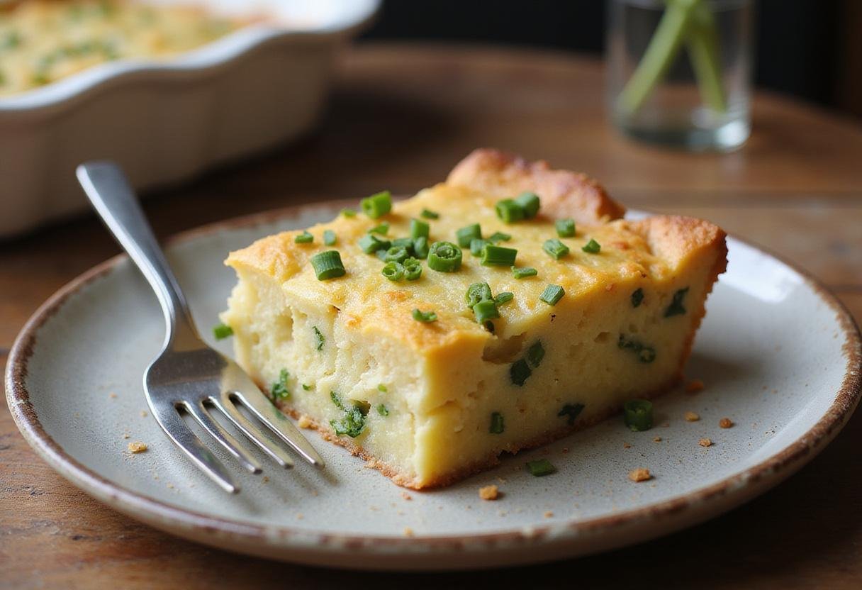 Deliciously served Starbucks potato chive bake slice on a rustic plate, highlighting the creamy texture and chive flavor for a mouth-watering presentation.